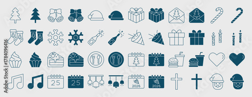 A festive icon set featuring Christmas trees, gifts, bells, candles, food, and holiday symbols in flat outline and filled styles.