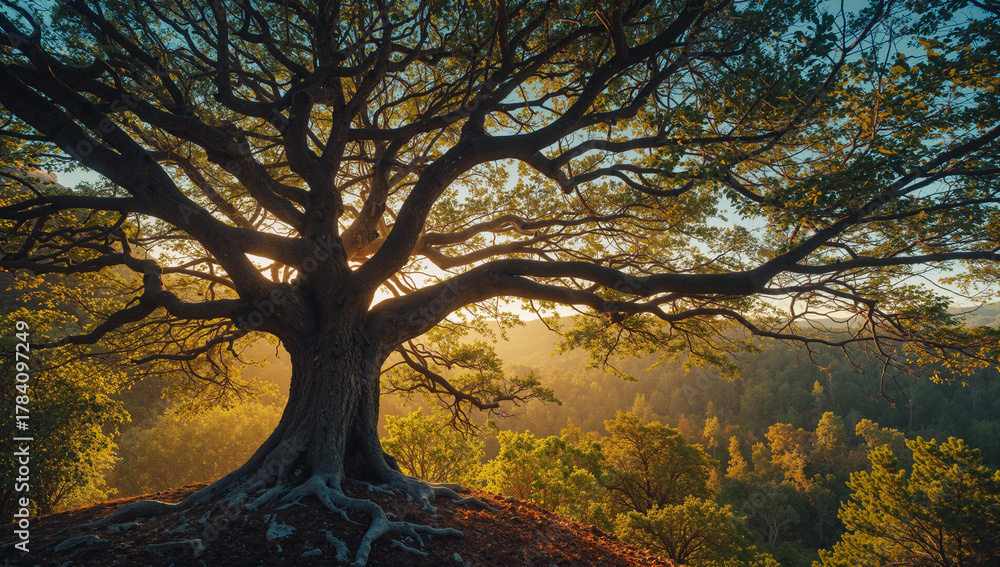 Fototapeta premium Backlit ancient tree on a hilltop overlooking a valley