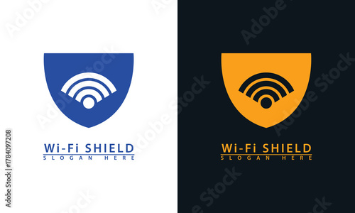 Shield logo with embedded Wi-Fi signal. Represents network security, wireless protection, digital safety, and secure internet.
