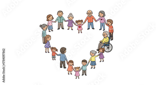 Family Love Circle – Generations Holding Hands in Heart Shape Illustration