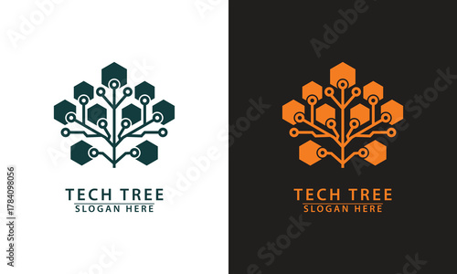 Tech tree logo with circuit branches and hexagon leaves. Symbolizes digital growth, data science, network structure, and technology.