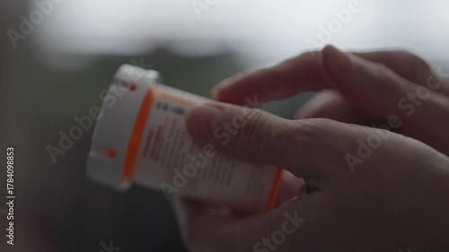 Person Checking Pills.  Woman Carefully Reading Instruction Leaflet While Holding Prescription Pill Bottle Before Taking Medications at Home. Medical Insurance Medicare.