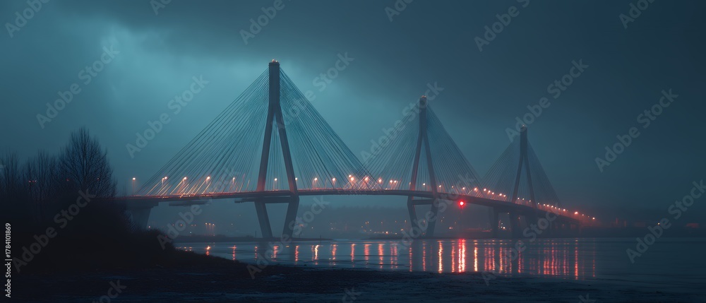 Naklejka premium bridge over water at night with lights on