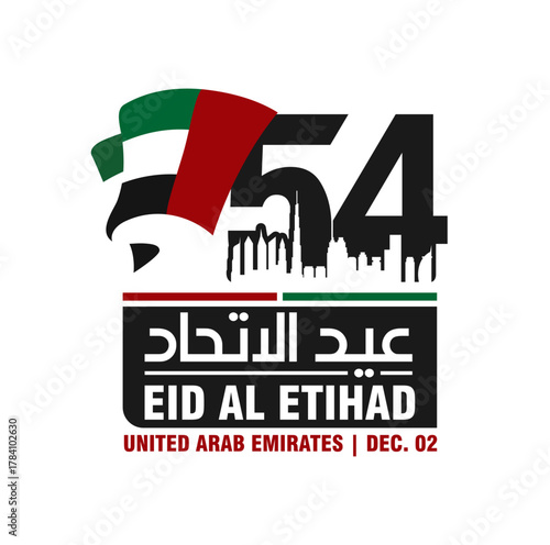 54 National Day of United Arab Emirates. Text Arabic Translation: Union Day (Eid Al Etihad). December 2. Vector Logo.