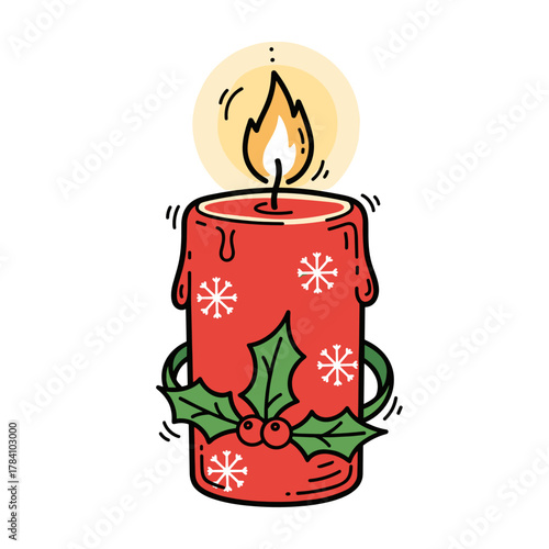 Red holiday candle with flame and decorative holly leaves  