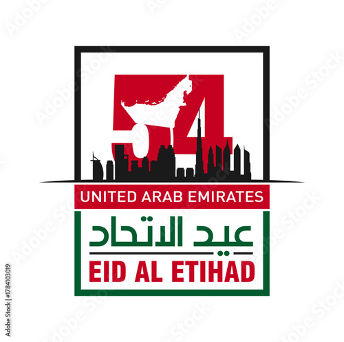 54 National Day of United Arab Emirates. Text Arabic Translation: Union Day (Eid Al Etihad). December 2. Vector Logo.