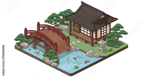 Isometric illustration of Japanese garden with house bridge and koi pond