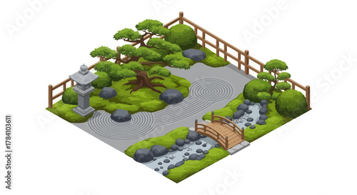 Isometric illustration of miniature japanese garden with river stream view