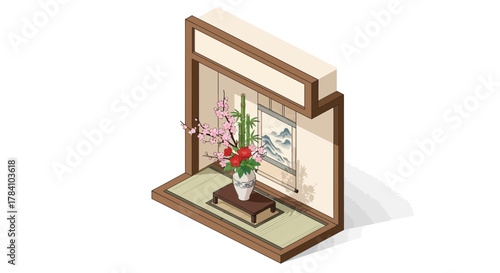 Isometric illustration of tokonoma alcove with ikebana floral arrangement
