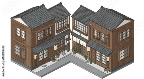 Isometric illustration of traditional japanese buildings with street view