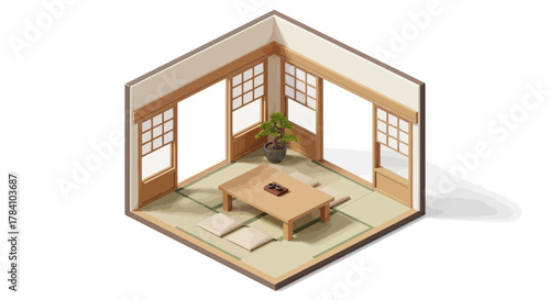 Isometric illustration showcasing a serene traditional japanese room interior