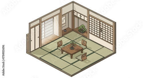 Isometric illustration showcasing a serene and traditional japanese room