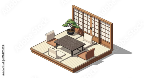 Isometric illustration showcasing a tranquil Japanese room setting design
