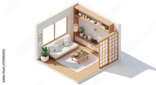 Isometric living room illustration with minimalist and natural design elements