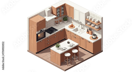 Isometric kitchen interior with island counter and dining space visualization