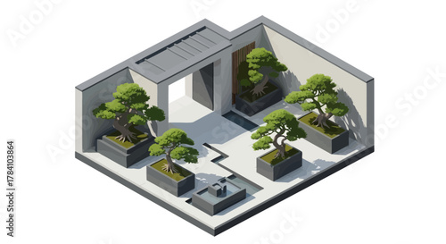 Isometric Miniature Zen Garden with Bonsai Trees and Architectural Elements