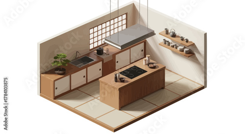 Isometric minimalist kitchen illustration showcasing clean lines and soft colors