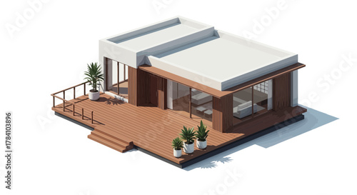 Isometric modern house with wooden deck, glass walls, and plant pots render
