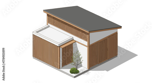 Isometric modern house design with wooden facade and minimalist garden
