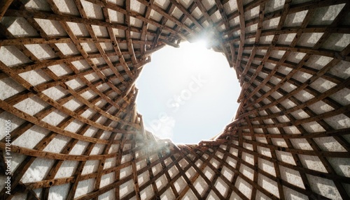 Looking up from inside an unusual architectural structure, sunlight streams through the circular opening above