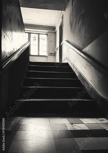 Black and white interior staircase, light source at the top