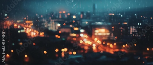 Blurry cityscape at night, rain falling