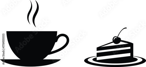 Coffee cup, tea cup, layered cake, cherry topping, dessert plate, black silhouette, white background, minimal style, cafe moment