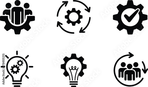 Teamwork gear icon, collaboration process symbol, innovation light bulb design, continuous workflow cycle, quality assurance checkmark