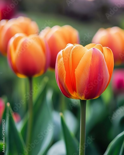 Close-up of vibrant orange-red tulips