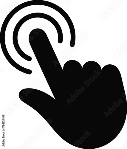 Touch gesture, hand icon, finger tap, concentric circles, touchscreen interaction, digital interface, mobile technology, user action, interactive symbol, vector illustration, silhouette design