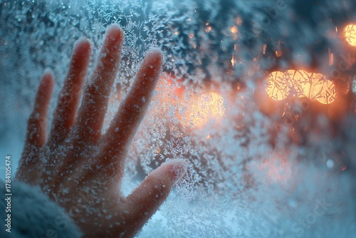 hand touching frozen window in winter