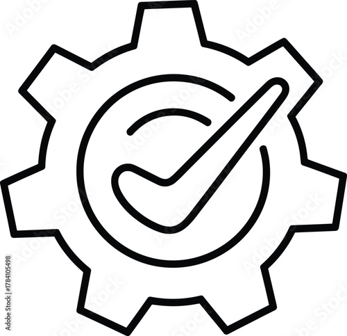 Gear icon, settings symbol, configuration check, mechanical process, system approval, verified setup, quality assurance, task completion, engineering design