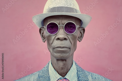 A fashionable portrait presents a man clad in a hat, an elegantly designed suit with floral motifs, and sunglasses, all rendered in intensely bright and vivid pink shades