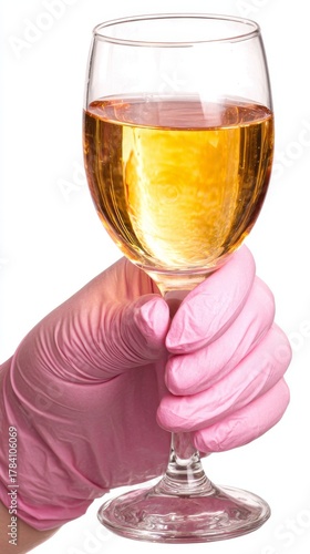 In a unique juxtaposition, pink cleaning gloves with rings cradle a champagne glass, set against a clean white background, merging the worlds of glamour and everyday routine in a celebratory toast