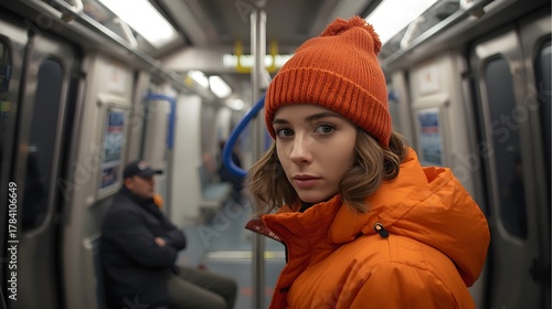 Wallpaper Mural Candid portrait of a young woman in an orange winter jacket and knitted beanie sitting inside a subway train, captured with soft cinematic lighting, highlighting her calm expression and the cool urban Torontodigital.ca