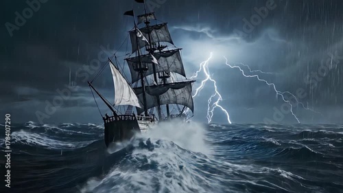 A majestic tall ship battles a fierce storm at sea, with lightning illuminating the turbulent waves and dark clouds.
