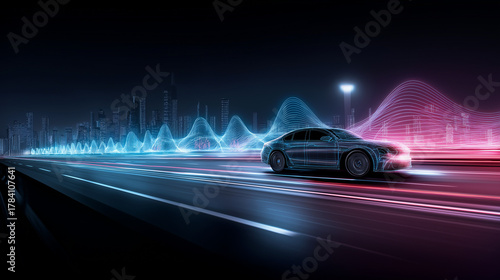 Futuristic self-driving car on a neon-lit highway