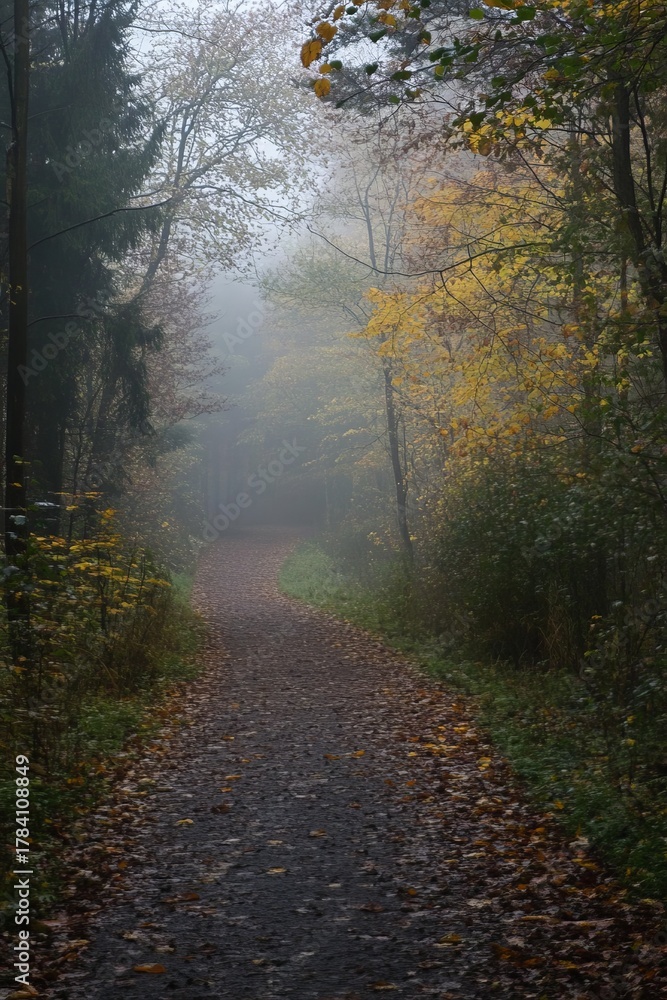 Obraz premium Foggy autumnal path through trees