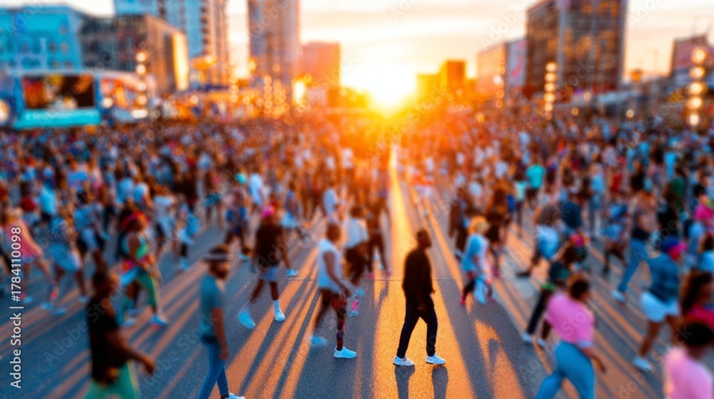 Obraz premium Blurred crowd of people walking on city street during sunset urban sports festival or marathon event