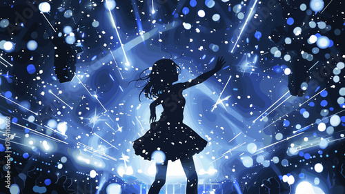 バックライトに照らされたかわいいアイドル風の女の子が踊るシルエットイラスト