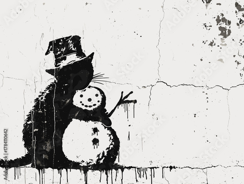 猫が溶ける雪だるまを抱きしめる象徴的なストリートアートのイラスト