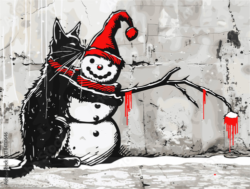 溶ける雪だるまを抱きしめる猫の象徴的なストリートアートイラスト