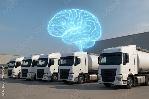 Fleet of trucks with digital brain hologram representing artificial intelligence and smart logistics management.