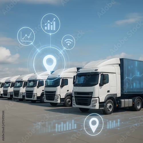 Digital tracking and analytics overlay on a fleet of modern trucks representing smart logistics technology.