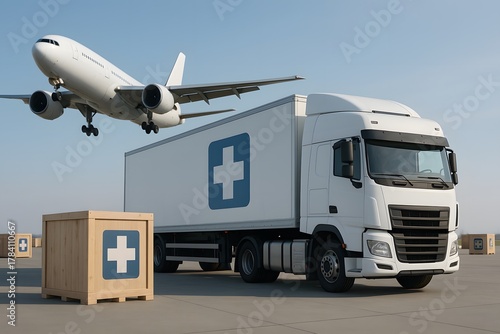 Truck and airplane transporting medical supplies, symbolizing fast healthcare logistics and emergency transport.