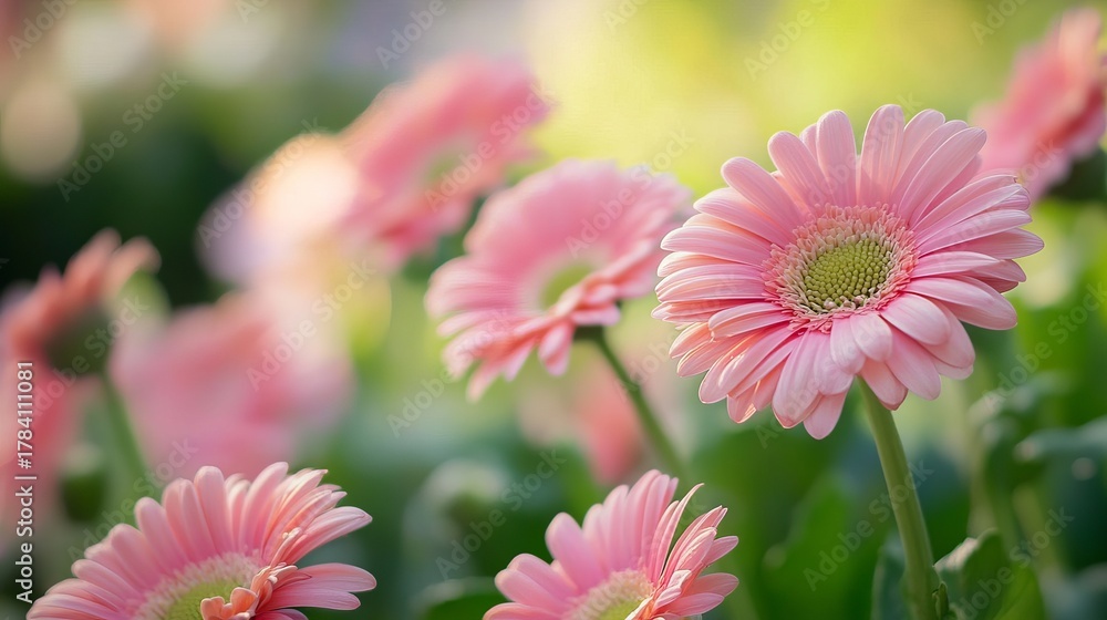 Obraz premium Soft-focus, close-up view of pink gerbera daisies in bloom