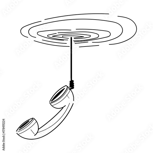Conceptual illustration of a vintage telephone receiver suspended from a swirling vortex above