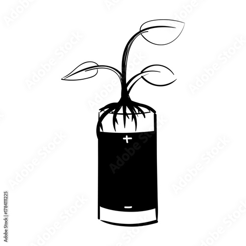 Conceptual illustration of a green plant growing from a battery symbolizing renewable energy and sustainable power