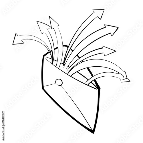 A hand-drawn illustration of an open envelope with multiple arrows flying out
