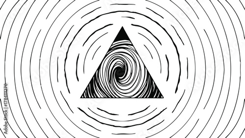 Abstract black and white illustration of a triangle with swirling spiral inside rings